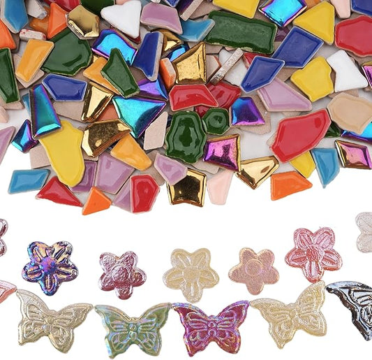 1.5 lb Ceramic Tiles for Mosaics - (Irregular, Flower & Butterfly Mix), Ceramic Mosaic Tiles for Crafts, DIY Art Project & Home Decor