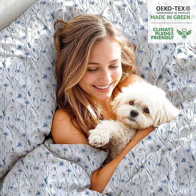 RUVANTI 100% Organic Cotton Sheets California King, Percale Weave, GOTS Certified, 4-Piece Set, Deep Pocket 13", Crisp & Breathable, Soft Durable Bedding, Sábanas Algodón Orgánico – Daisy Bud