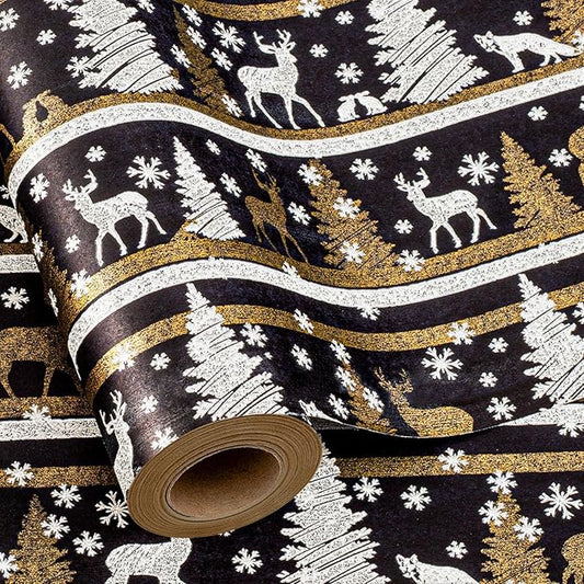 Yarcony Kraft Christmas Wrapping Paper, Black Wrapping Paper, Luxury Faux Sparkle Christmas Trees Reindeer Snowflake Duty Heavy Kraft Gift Wrap for Holidays, Winter Solstice (17 Inch X 33 Feet)