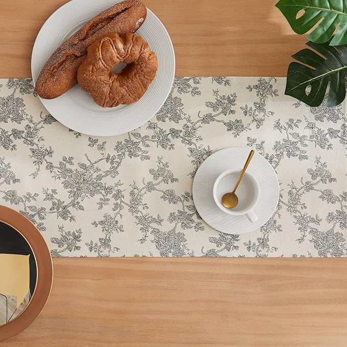 100% Cotton French Pastoral Table Runners, 13x90 Inch Black Farmhouse Table Runners 90 Inches Long, Vintage Flowers Print Home Decors