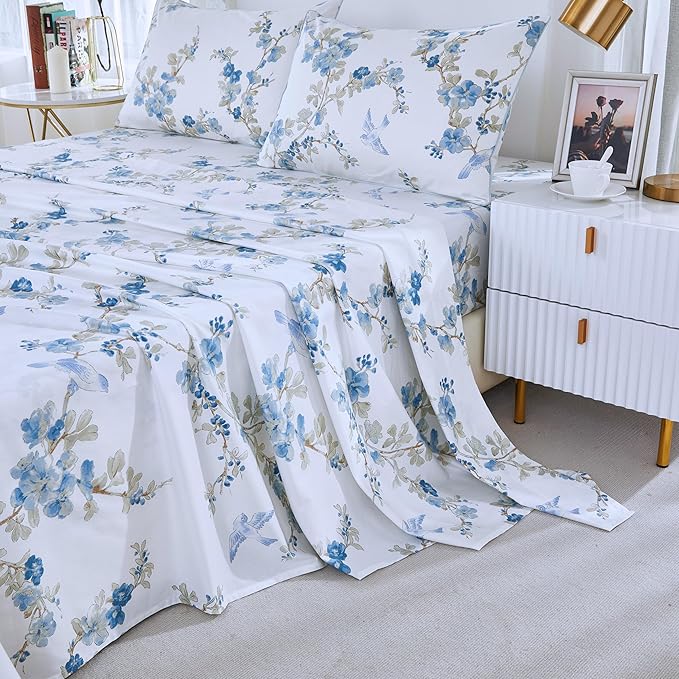 Brandream King Size Sheet Set Luxury Floral Blossom Birds Bedding Collections 800 Thread Count 100% Egyptian Cotton Deep Pocket, 4 Piece White Botanical Branches Blue Flower