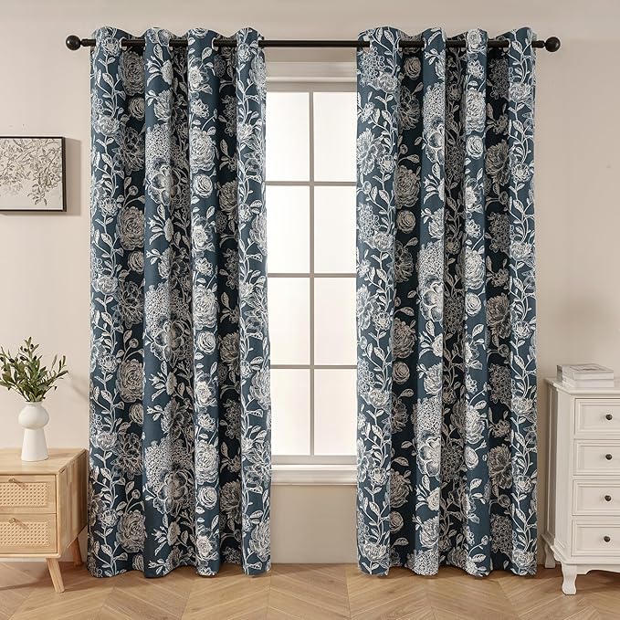 Pattern Blackout Curtains Blue Peony Print - Vintage Curtains for Bedroom Living Room, Floral Blackout Curtains Cotton Blend, Light Blocking Patterned Curtains, 52" W x 84" L