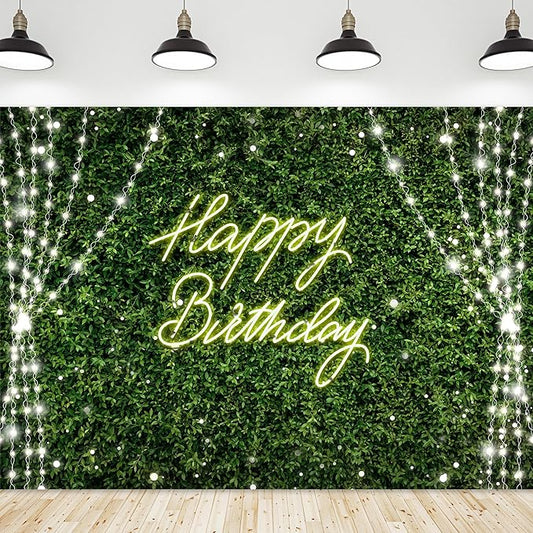 Riyidecor Green Happy Birthday Backdrop Polyester Fabric for Woman Rustic Spring Leaf Grass Neon 8Wx6H Feet Plant Botanical Leaves Nature Photography Background Birthday Baby Shower Photo Studio Shoot