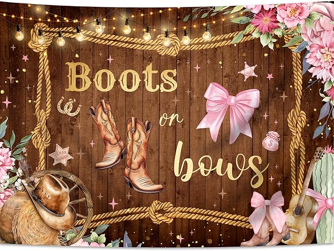 SVBright Gender Reveal Backdrop for Baby Shower 7Wx5H Western Farm Country Boots or Bows Flower Boy or Girl Hat Retro Rustic Decorations Photography Background Banner Photo Booth Studio