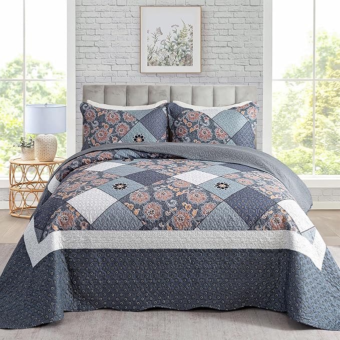 Travan 3-Piece King Bedspread Quilt Set Lightweight Coverlet Set Garden Style Floral Printed Oversized Quilted Bedding Set with Shams for All Season, Exquisite, King Size