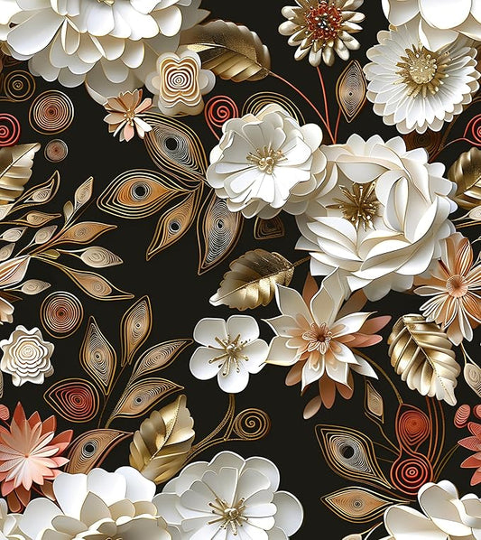 Vintage Wallpaper Peel and Stick Dark Floral Contact Paper 17.5in x 118in White Gold Flower Wallpaper Vinyl Waterproof Self Adhesive Boho Leaf Botanical Wall Paper for Bedroom Cabinet Table Decoration