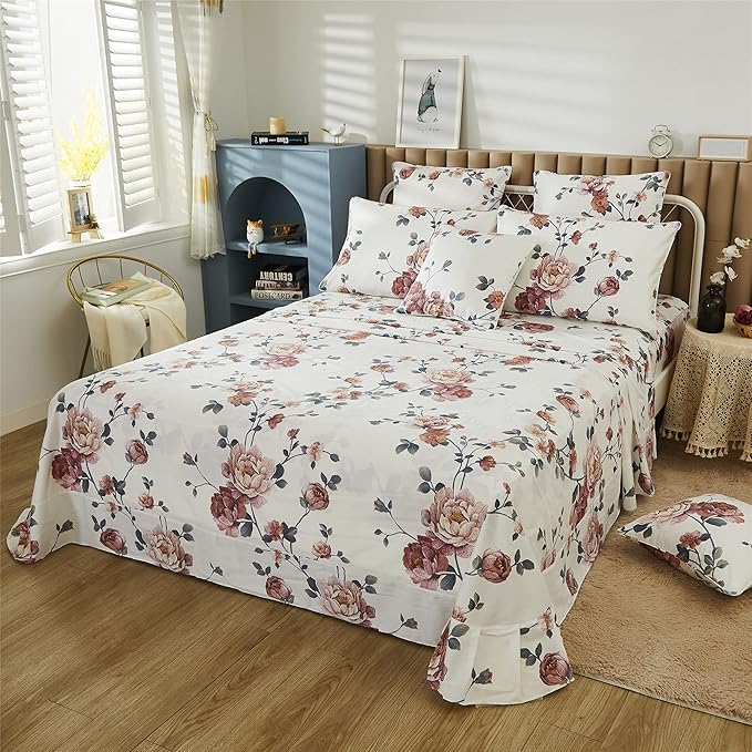FADFAY Sheets Set Queen Shabby Beige Floral Bedding Elegant Peony Sheets Set Vintage Flower Bedding Collections Soft 100% Egyptian Cotton 800 Thread Count Deep Pocket Fitted Sheet, 4Pcs-Queen Size
