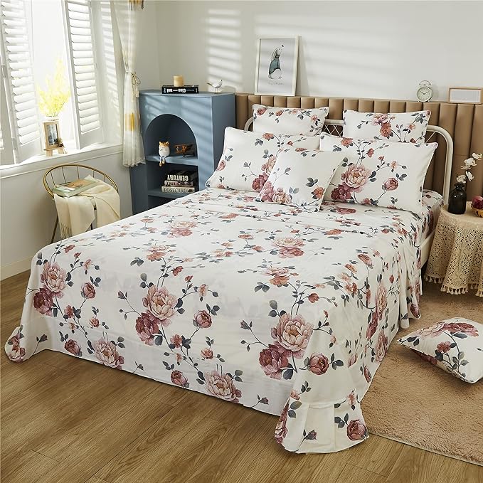 FADFAY Sheets Set King Shabby Beige Floral Bedding Elegant Peony Sheets Set Vintage Flower Bedding Collections Soft 100% Egyptian Cotton 800 Thread Count Deep Pocket Fitted Sheet, 4Pcs-King Size