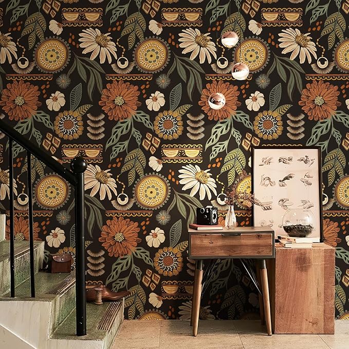 JiffDiff Boho Wallpaper Peel and Stick 17.3" x 400" Vintage Sun Floral Retro Removable Contact Paper Dark Botanical Flowers Bathroom Bedroom Renter Friendly Wall Mural