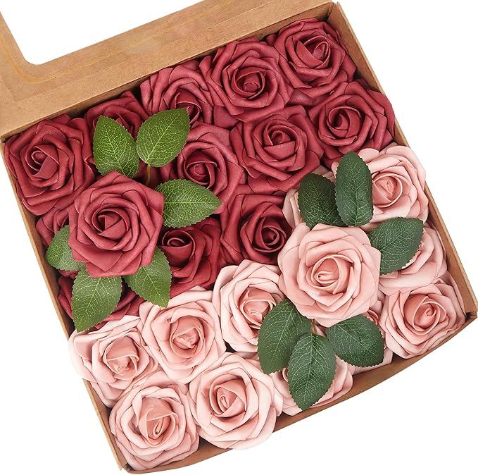 Artificial Flowers, 25pcs Hot Pink and Blush Artificial Rose for DIY Wedding Bouquets Centerpieces Arrangements, Fake Flower with Stem for Party Home Decorations