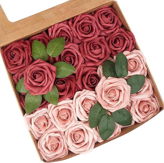 Artificial Flowers, 25pcs Hot Pink and Blush Artificial Rose for DIY Wedding Bouquets Centerpieces Arrangements, Fake Flower with Stem for Party Home Decorations
