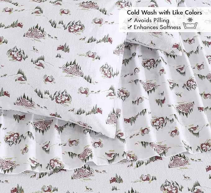 RUVANTI Flannel Sheets Twin Size - 100% Cotton Double Brushed Twin Sheets Set, Deep Pockets 16 Inches, All Seasons Breathable & Extra Soft Bed Sheets, Warm & Cozy, 3 Piece, Hilly Huts