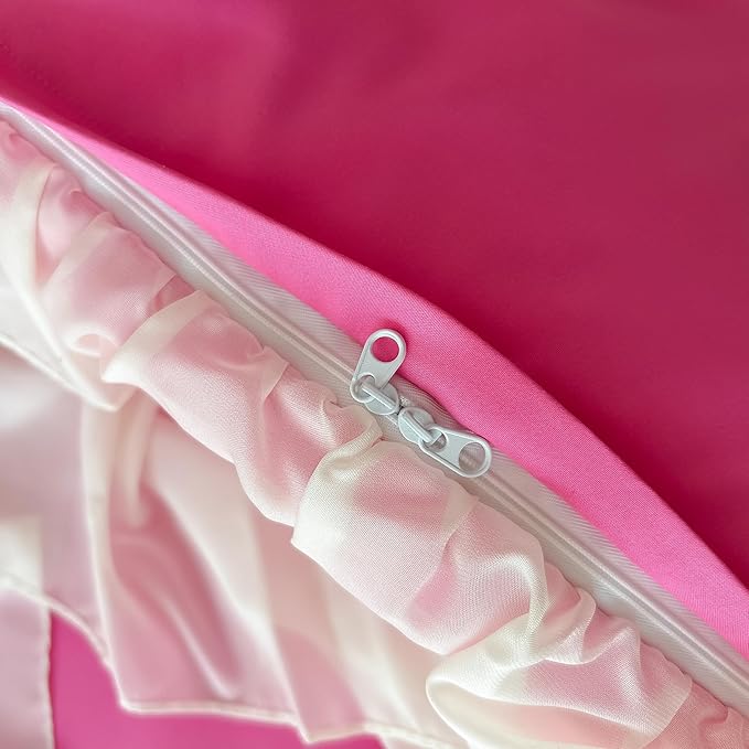 Girls Lace Bedding,Queen Comforter Cover Set, Chic Ruffled Duvet Cover with Lovely Bow,Princess Style 1 Duvet Cover with 1 Pillowcases, No Comforter-Hot Pink,Twin Size
