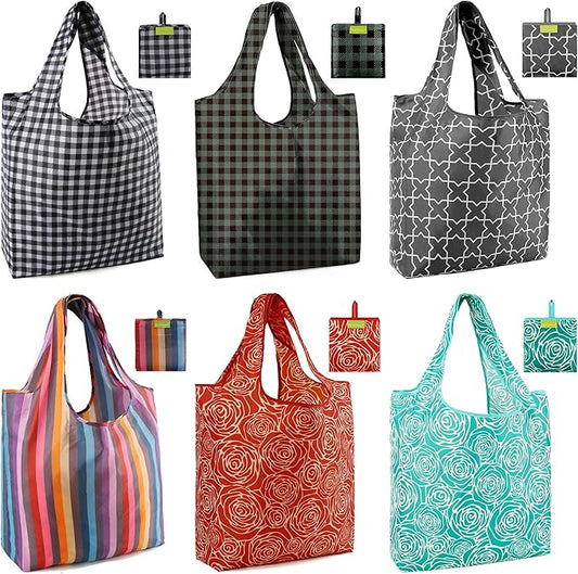 BeeGreen Geometry Reusable Grocery Bags 6 Pack, Heavy Duty Totes for Women, Foldable Grocery Bag Large Shopping Totes with Handles for Work, Travel, Gift, Store, Polyester Washable Reusable Tote Bag