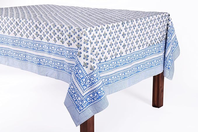 ATOSII Gulbahar Blue 100% Cotton Fall Rectangle Tablecloth, Handblock Print Floral Table Cloth for Kitchen Dining Linen I Thanksgiving Christmas Weddings Outdoors I 72 X 108 Inches I 8 Seater
