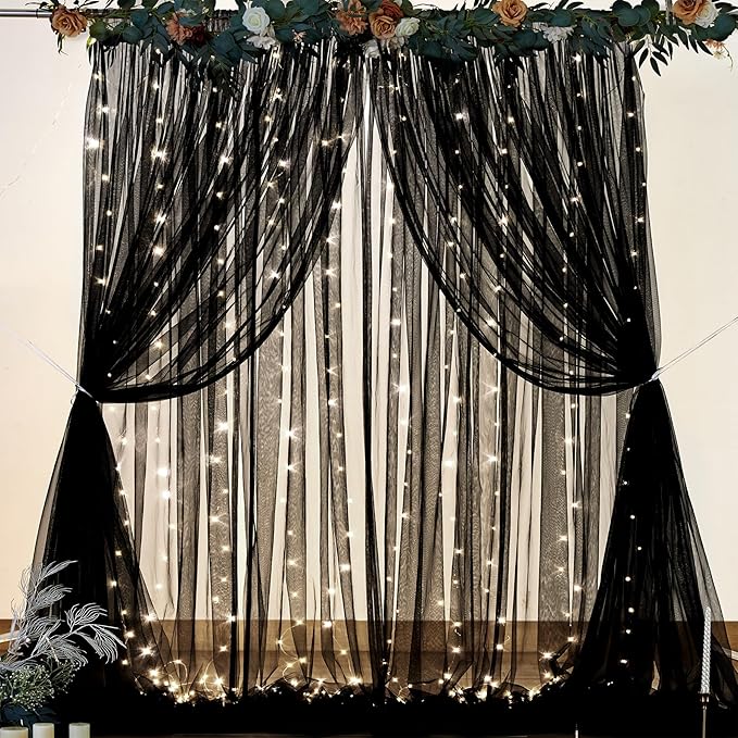 Black Tulle Backdrop Curtain for Parties 10ft x 8ft Black Sheer Photo Backdrop Curtains Drapes for Birthday Party Baby Shower Wedding Decorations