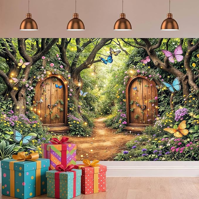 15X10ft Enchanted Forest Backdrop Fairy Tale Green Enchanted Garden Wonderland Floral Butterfly Photography Background for Kids Girl Baby Shower Birthday Party Decoration Banner Booth Props