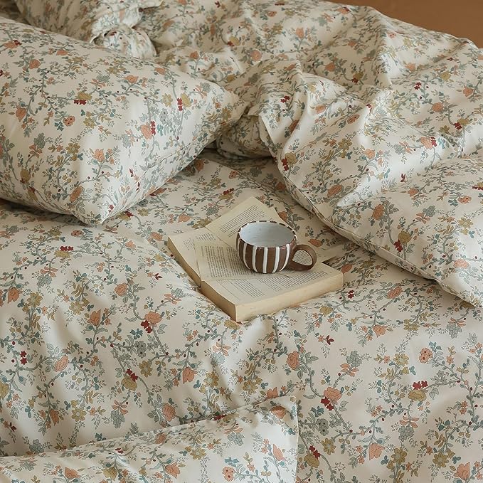 EAVD Vintage Botanical Floral Duvet Cover Queen - Soft Cotton Chic Shabby Garden Bedding Set With 2 Pillowcases, Fresh Reversible Comforter Cover With Zipper Closure