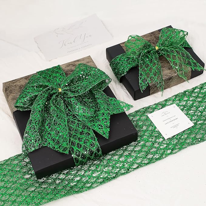 VATIN 6" Green Christmas Ribbon, Green Glitter Mesh Diamond Web Sequin Dots Wired Christmas Ribbon for Gift Wrapping Bow Making Wreath Supply-10 Yards