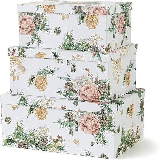 Soul & Lane Christmas Gift Box - Evergreen Ensemble - Set of 3: Holiday Themed Nesting Storage Boxes, Keepsake and Photo Boxes with Lids, Festive Decorative Cardboard Containers for Presents
