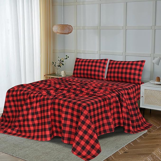 RUVANTI Flannel Sheets California King Size - 100% Cotton Brushed Cal King Bed Sheets Set - Deep Pockets 14 Inches - All Seasons Breathable & Extra Soft - Warm & Cozy, 4 Piece, Red & Black Plaid