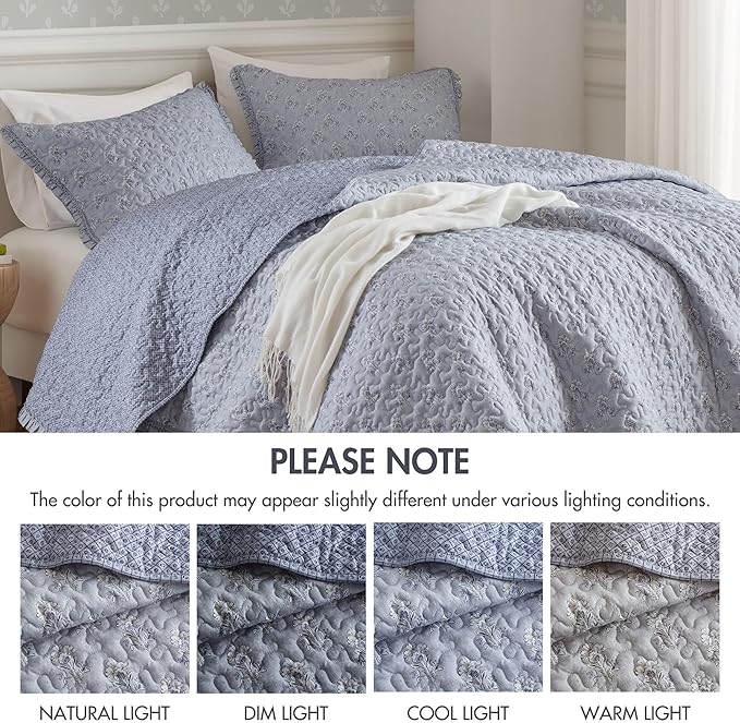 Madison Park Vintage Floral Quilt Set Queen Size, Reversible Bedding & Lightweight Bedspread Set, Traditional Block Print Coverlets with Ruffled Edge, 3-Piece with 2 Shams, Blue