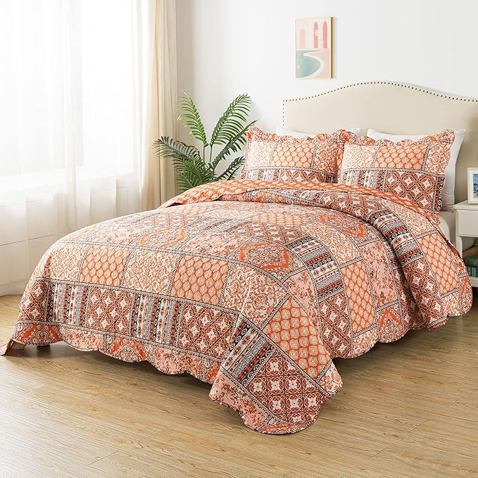 HoneiLife Vintage Quilt Sets Queen - 3 Pieces Microfiber Quilt Sets Lightweight Bedspreads Floral Coverlets Retro Bed Cover All Season Quilts-Pumpkin