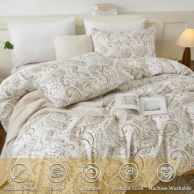 100% Cotton Duvet Cover Queen Size- 3 Pcs Grey Paisley Comforter Cover, Soft & Breathable Floral Bedding Duvet Cover Sets with Zipper Closure for All Season