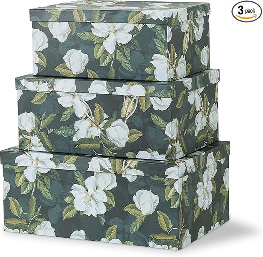 Soul & Lane Decorative Storage Cardboard Boxes with Lids | Midnight Gardenia - Set of 3 | Black Dramatic Paperboard Nesting Boxes