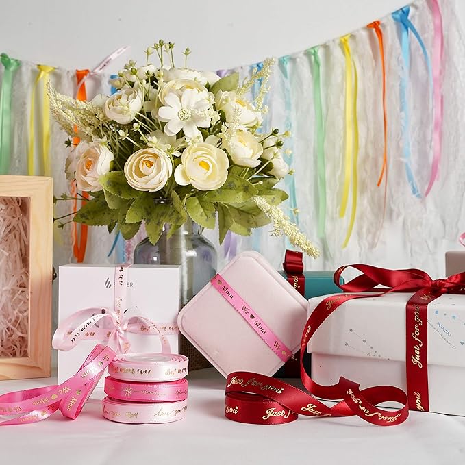 MEEDEE Pink Ribbon for Gift Wrapping Thank You Just for You Ribbon Mothers Day Gift Box Double Face Satin Assortment Thin Pink Satin Fabric, 5 Rolls 10 Yards Each Total 50 Yards