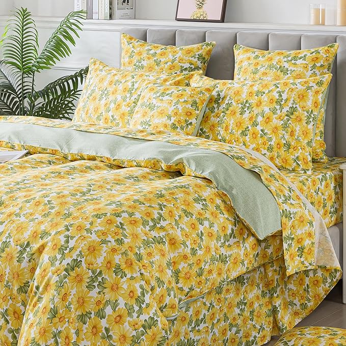 FADFAY Sunflower Duvet Cover Set Twin Vintage Yellow Daisy Floral Bedding Shabby Botanical Comforter Cover Set 100% Percale Cotton Ultra Soft Quilt Cover with Hidden Zipper Closure 3Pcs, Twin Size