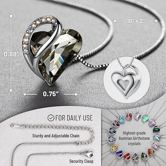 Leafael Necklaces for Women, Infinity Love Birthstone Heart Crystal Pendant, Birthday Jewelry Gifts for Her, Mom, and Wife, Silver Plated, 18 plus 2 inch Adjustable Chain