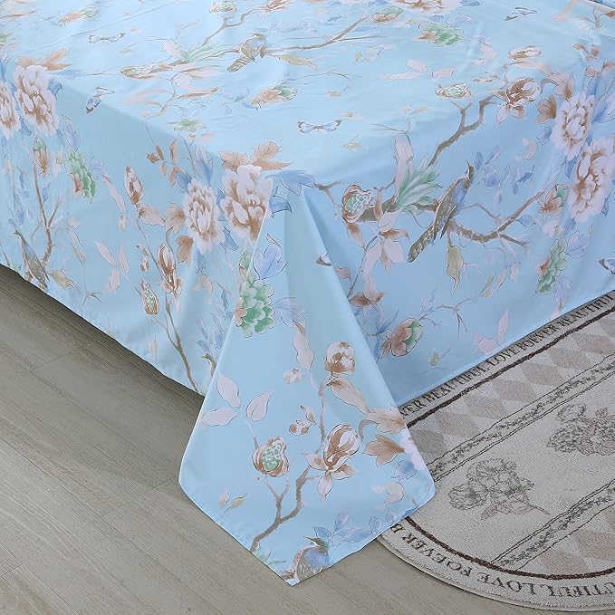 RYNGHIPY Egyptian Cotton Bed Sheet Set Blue Bird Botanical Pattern Bed Sheets Deep Pocket Fitted Sheet Tree Branches Print Bedding Soft Breathable (Light Blue,King Size)