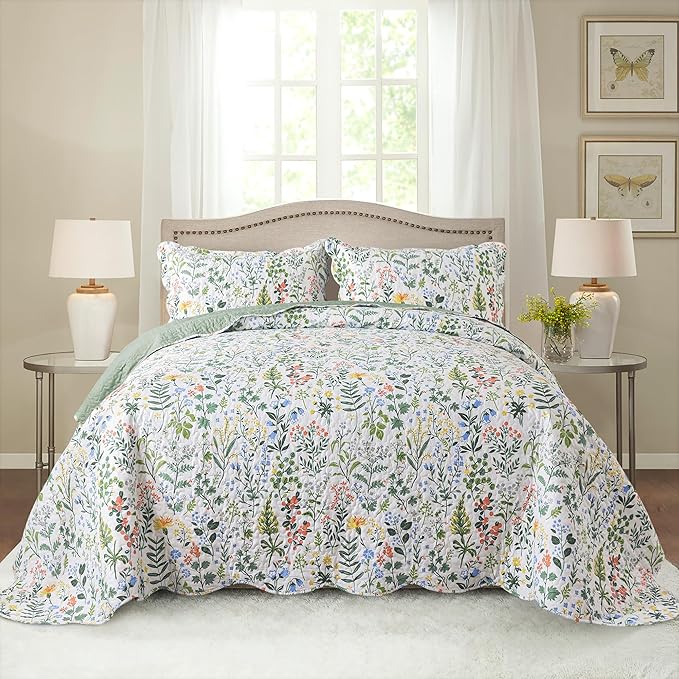 HoneiLife Queen Quilt Bedding Set - 3 Pieces Microfiber Quilt Sets Lightweight Bedspreads Reversible Coverlets Retro Bed Cover Floral Bedding Set Wildflower Quilts All Season Use