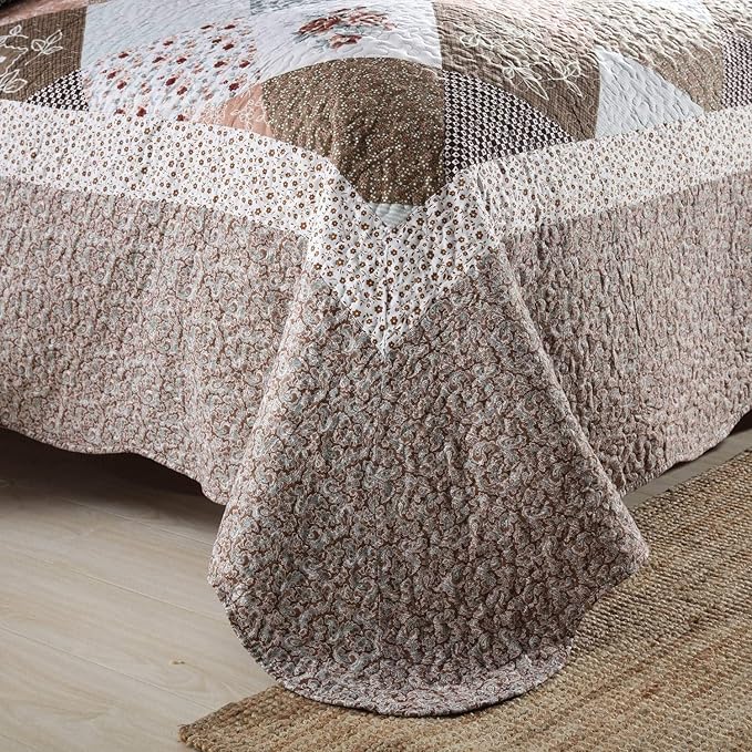 HoneiLife Quilt Set Twin Size - 2 Piece Microfiber Quilts Reversible Bedspreads Patchwork Coverlets Floral Bedding Set All Season Quilts- Splicing Mocha Rose