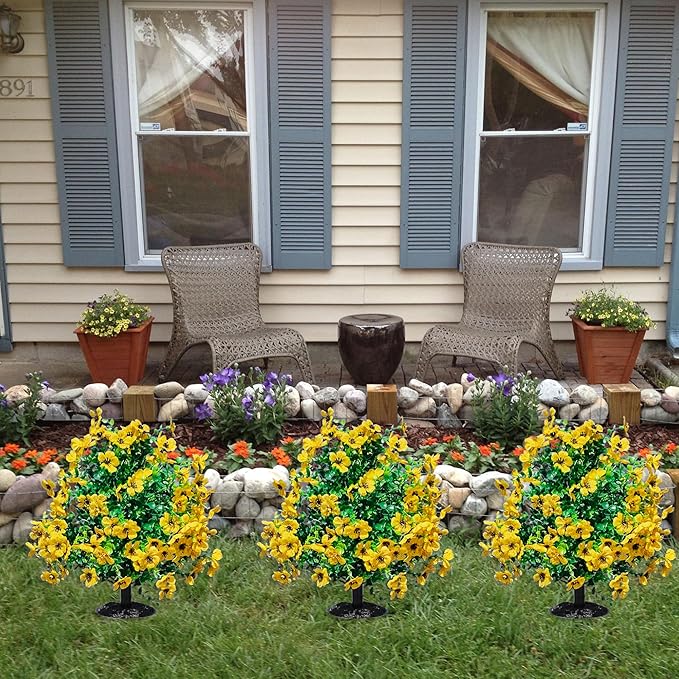 2 Pcs Artificial Boxwood Topiary Ball Trees - 23" With Ground Spike, Fake Evergreen Tree, UV Resistant Faux Greenery Shrubs & Bushes for Porch, Garden, Front Yard Decor, Indoor/Outdoor -Yellow