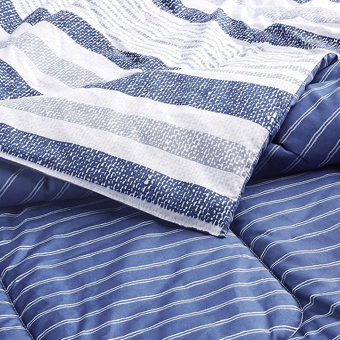 Amazon Basics Twin/Twin XL Size Comforter Sets, Ultra-Soft Lightweight Microfiber Reversible 2-Piece Bedding, Blue Denim/Beige Stripes, Striped