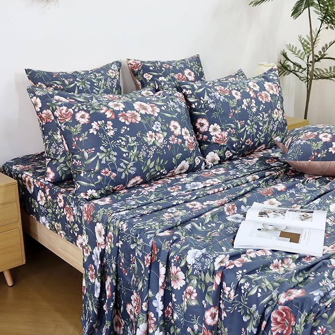 FADFAY Sheets Set Cal King Vintage Dark Blue Floral Bedding Shabby Peony Floral Sheets French Country Bedding 800 Thread Count 100% Egyptian Cotton Deep Pocket Fitted Sheet 4Pcs, California King Size