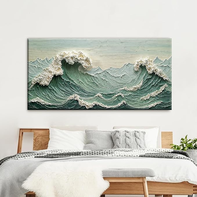 Canvas Wall Art Decor Pictures Large Sea Wave Abstract Wall Decor Print Modern Abstract Green Wall Art Painting Pictures For Living Room Home Kitchen Office Artwork 29 X 58 Inch