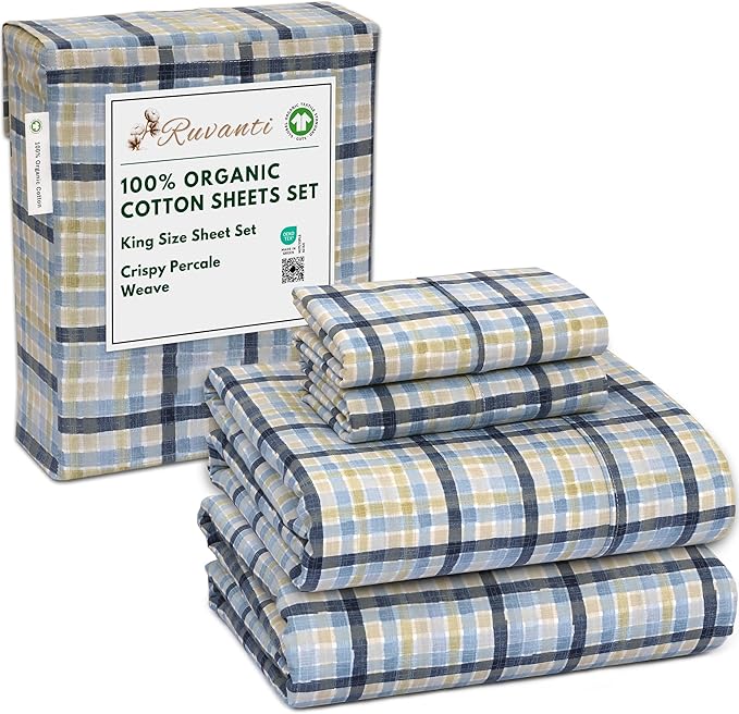 RUVANTI 100% Organic Cotton Sheets King Size, Percale Weave, GOTS Certified, 4-Piece Set, Deep Pocket 15", Crisp & Breathable, Soft Durable Bedding, Sábanas Algodón Orgánico – Pastel Print