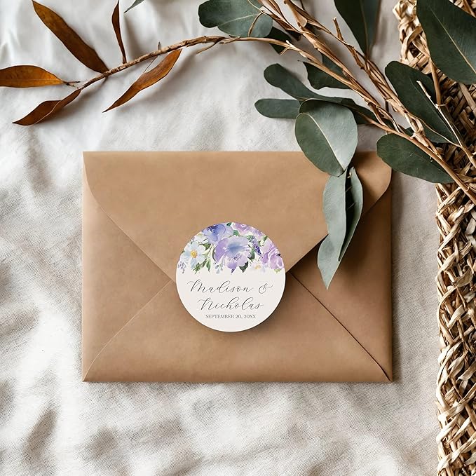Personalized Floral Wedding Stickers with Your Choice of 30 Flower Styles - Choose Font and One of Five Pre-made Phrases or Add Custom Text (023 - Purple Flowers)