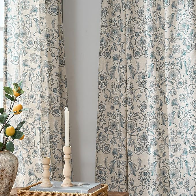 jinchan Linen Floral Curtains for Living Room with Printed Flower 63 Inches Long Light Filtering Farmhouse Window Treatment Vintage Short Drapes Back Tab Rod Pocket 2 Panels Blue on Beige