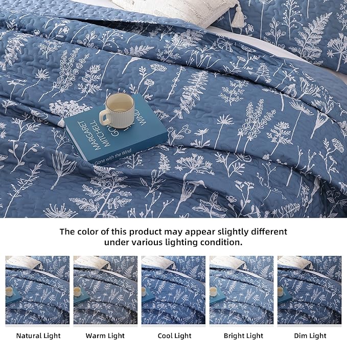 JANZAA Quilt King Size Infinity Blue Quilt Bed Spread Boho Quilt with Floral Pattern Microfiber Quilts Set 3 Pieces Lightweight Comforter Reversible Bedding Set,1Quilt 104x90 inches, 2 Pillowcases