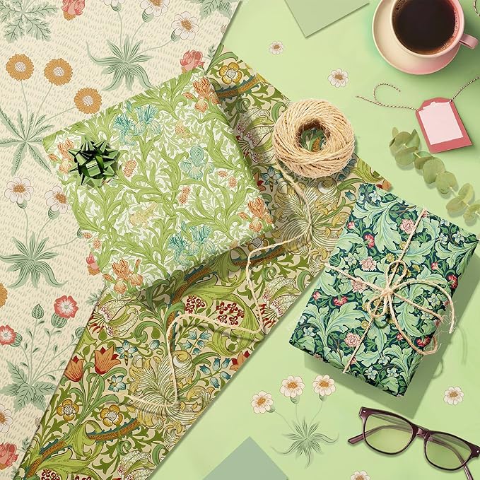 12 Sheets William Morris Wrapping Paper Set William Morris Gift Wrapping Paper 6 Design Green Vines and Flowers Pattern Paper for Flowers Themed Party Wedding Bridal Shower Baby Shower 20'' x 27''