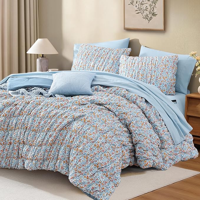 King Comforter Set - 7 Pieces Blue Classic Puff Floral Bedding Sets for All Seasons, Shabby Chic Farmhouse Bed in a Bag King with Wildflowers Fluffy Comforter, Sheets, Pillowcases & Shams