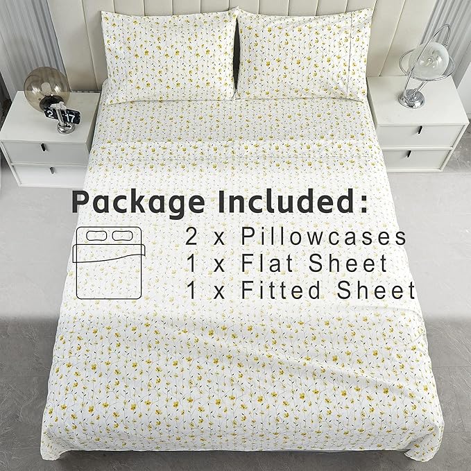 Softan Yellow Floral Sheets for Queen Size Bed Printed Bed Sheets - 4 Piece Soft Microfiber Patterned Fitted Sheets Queen with 15" Deep Pocket and Corner Straps,Cute Flower Sheets & Pillowcase Set
