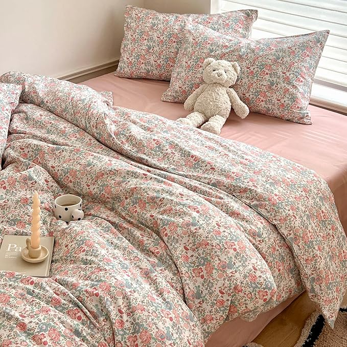 Vintage Floral King Size Comforter Set Fluffy Soft Girl Pink Floral Bedding Comforter French Style Aesthetic Flowers Botanical Comforter with 2 Pillowcases Farmhouse Boho Comforter Set King Comfy Soft