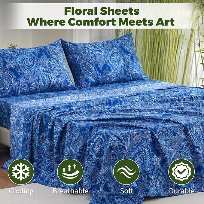 Bedlifes Twin Floral 3-Piece Sheet Set - Cooling Sheets Blend Rayon Derived from Bamboo,Soft & Breathable, Deep Pocket 16", Wrinkle Resistant - Paisley Dark Navy Blue