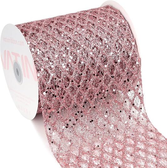 VATIN 6" Rose Gold Christmas Ribbon, Rose Gold Glitter Mesh Diamond Web Sequin Dots Wired Christmas Ribbon, Fall Ribbon for Gift Wrapping Bow Making Wreath Supply-10 Yards