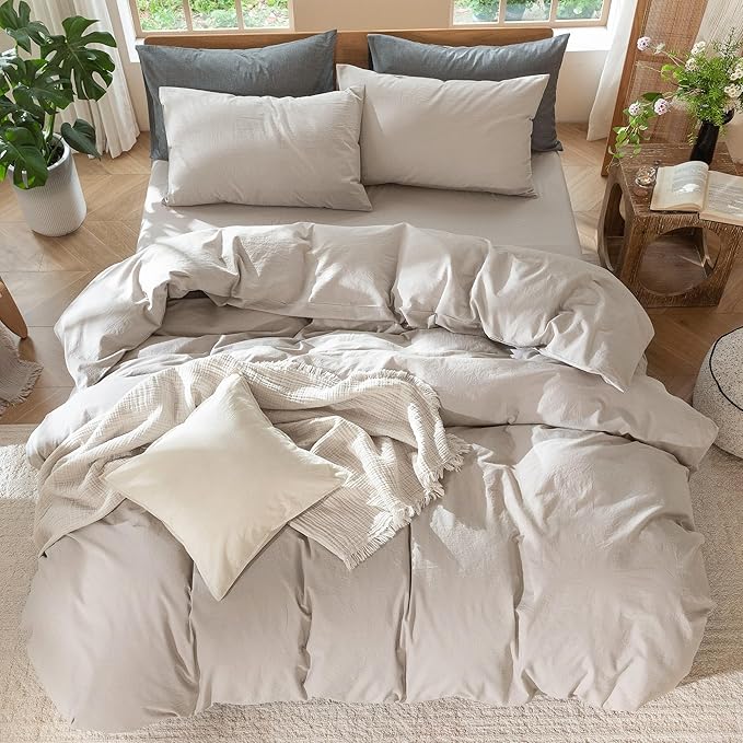 MooMee Bedding Duvet Cover Set 100% Washed Cotton Linen Like Textured Breathable Durable Soft Comfy (Solid Light Tan, Queen 90"x90")